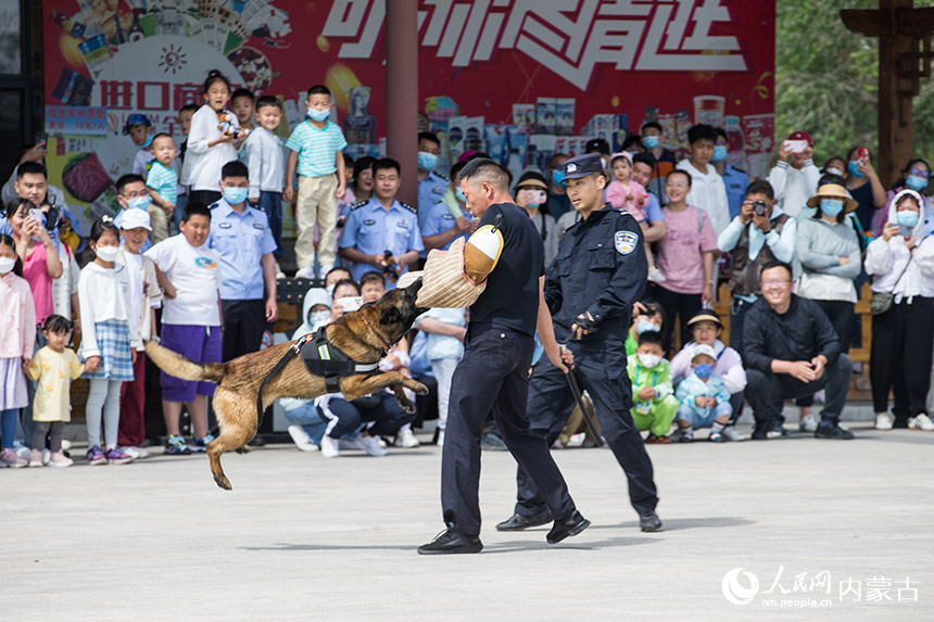 移民管理警察和家屬觀看警犬戰(zhàn)術(shù)表演。楊金燁攝