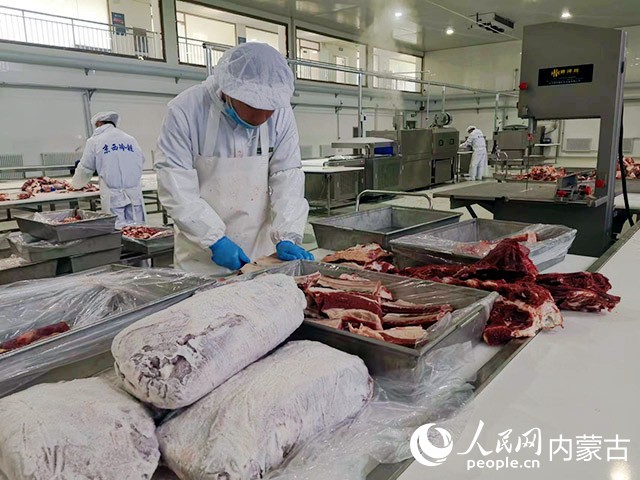 京西農(nóng)牧業(yè)的智慧牧場(chǎng)里，工人正在進(jìn)行肉牛加工。人民網(wǎng) 孟佳澍攝